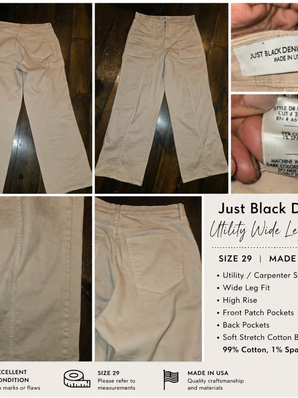 Just Black Utility Wide Leg Jeans in Light Beige Size 29